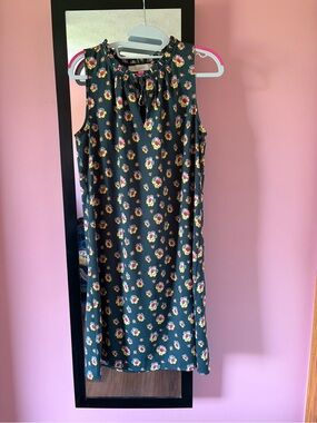 LOFT Dark Green Floral Tie-Neck Blouse with Pink & Yellow Blooms